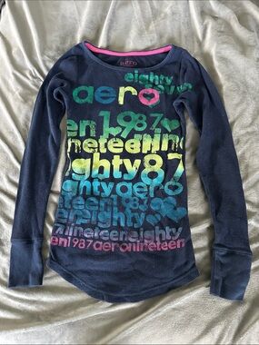 Aero Girls' Navy Long-Sleeve Graphic Tee with Multicolor Print
